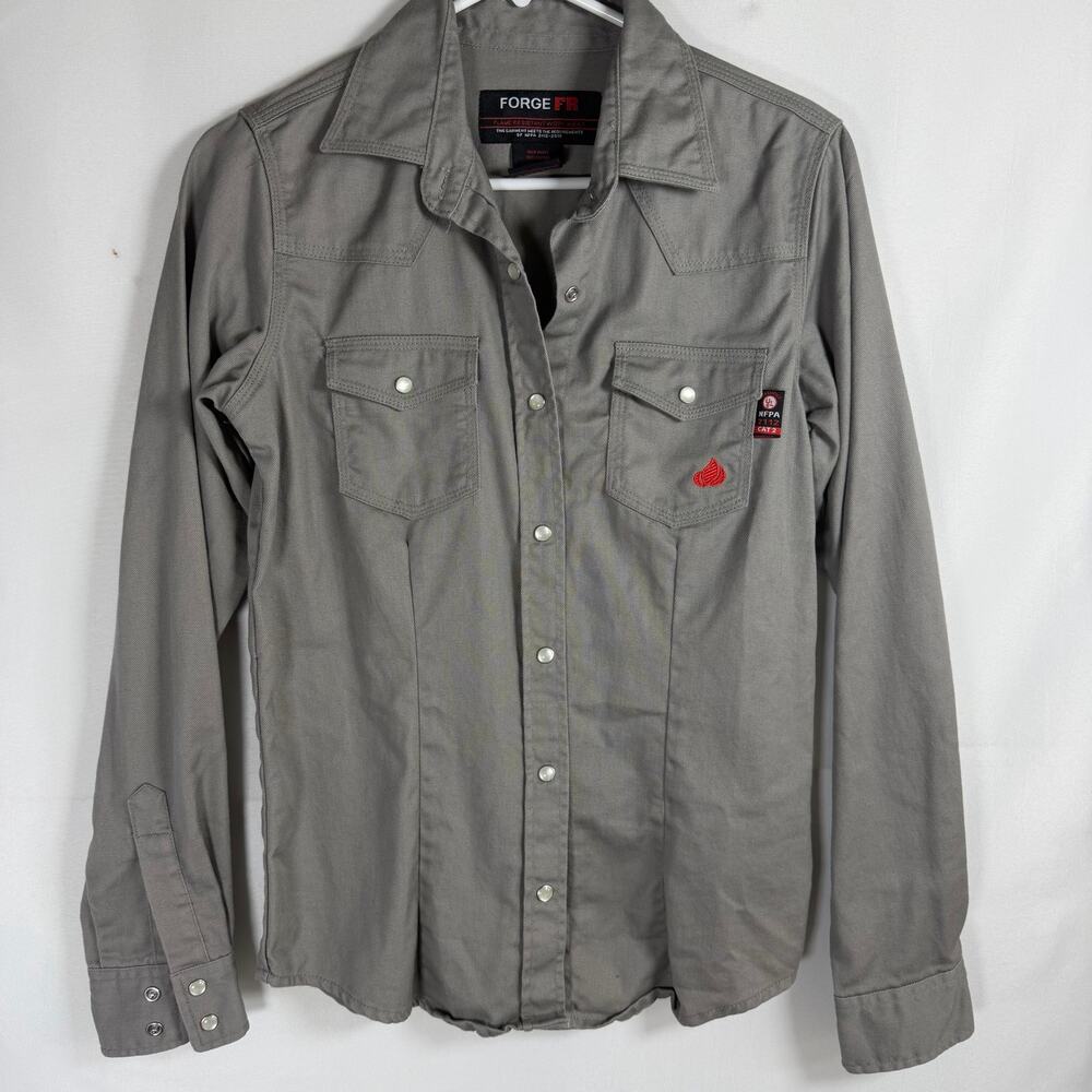 Forge Ladies FR LFRSLD Solid Shirt Grey Flame Resistant button down sz sm - Picture 2 of 9